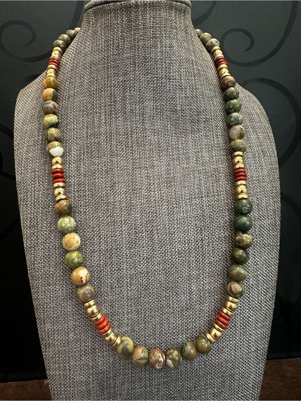 Natural Green and Brown Jasper Beaded Necklace with Gold Accents